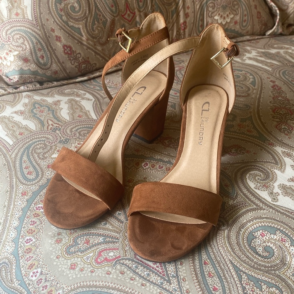Light brown suede, ankle strap, 2.5” heel.
